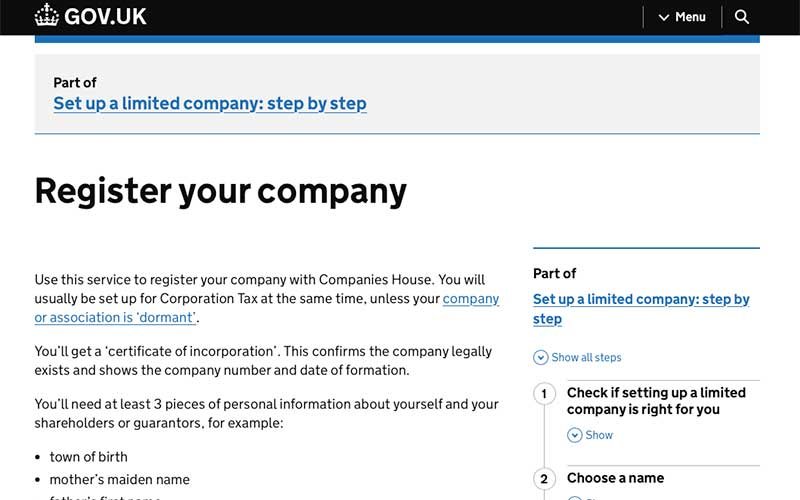 Gov UK register a new company